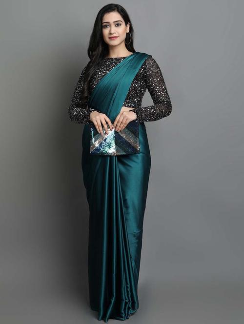 women's self design indigo colored saree with blouse - 19854430 - Very Small Image - 1