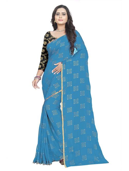 women's foil print blue colored saree with blouse - 19855546 - Very Small Image - 1