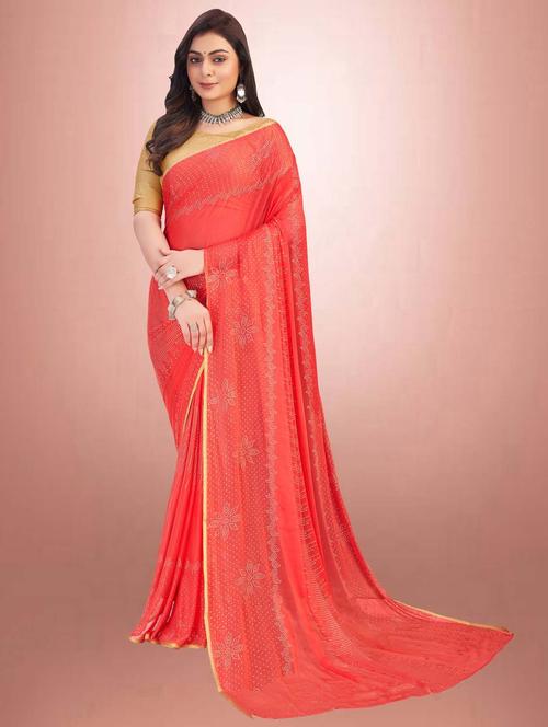 women's solid with work coral colored saree with blouse - 19855579 - Very Small Image - 1
