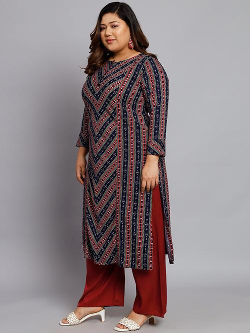women navy blue & maroon printed kurta with palazzo - 19856618 - Very Small Image - 1