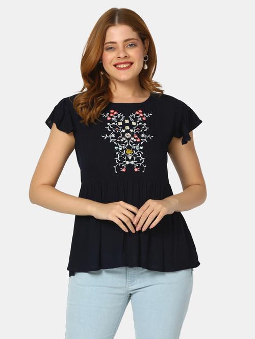 boat neck floral peasant top - 19860620 - Very Small Image - 1