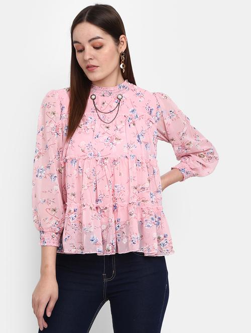 crew neck floral tiered top - 19860647 - Very Small Image - 1