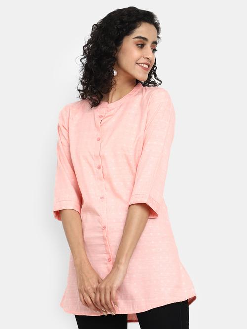 pink self designed mandarin neck regular top - 19860696 - Very Small Image - 1