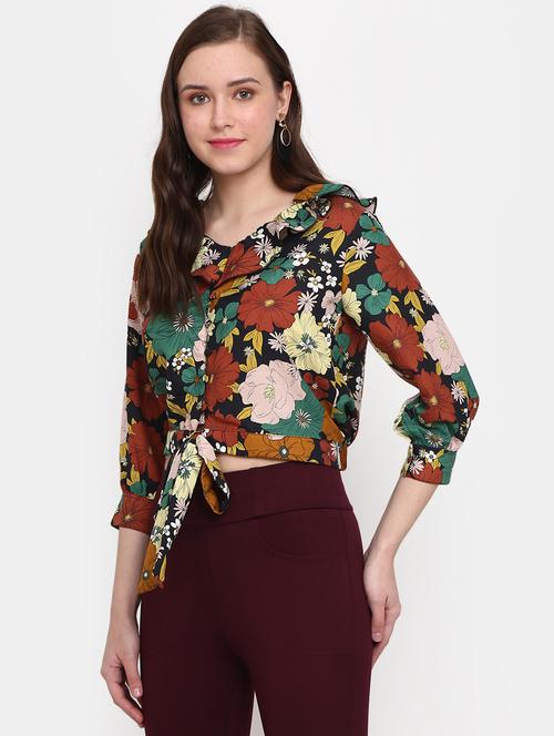 black printed ruffle neck crop top - 19860699 - Very Small Image - 1