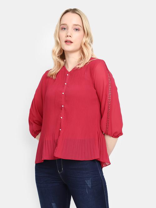 pink solid v-neck a-line top - 19860815 - Very Small Image - 1