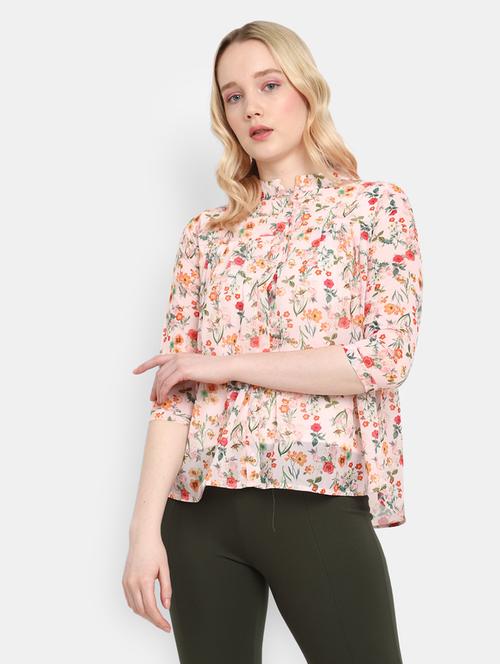 pink floral print mandarin neck regular top - 19860823 - Very Small Image - 1