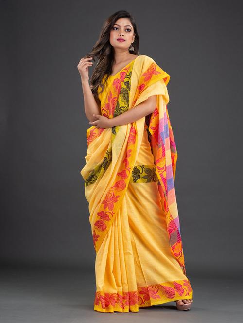 yellow cotton saree with blouse - 19866189 - Very Small Image - 1