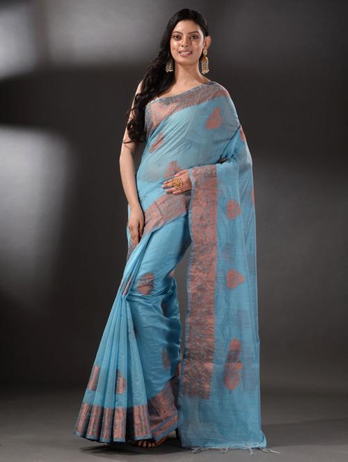 women's self design blue colored saree with blouse - 19866490 - Very Small Image - 1