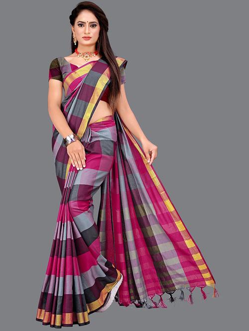 checkered printed saree with blouse - 19866862 - Very Small Image - 1