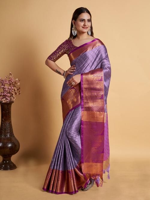 contrast bordered banarasi saree with blouse  - 19869458 - Very Small Image - 1