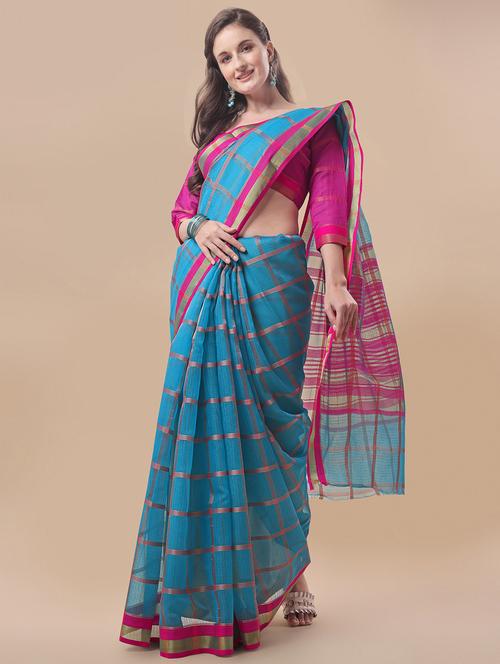 women's checks turquoise colored saree - 19870330 - Very Small Image - 1
