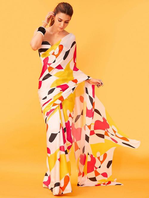 women's abstract white colored saree with blouse - 19870435 - Very Small Image - 1