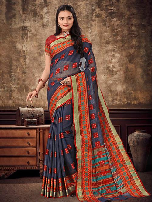women's self design navy blue colored saree with blouse - 19870549 - Very Small Image - 1