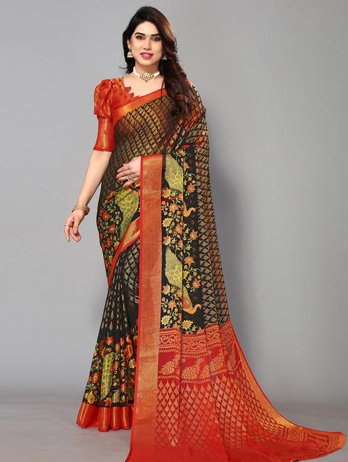 black chiffon printed saree with blouse - 19878433 - Very Small Image - 1