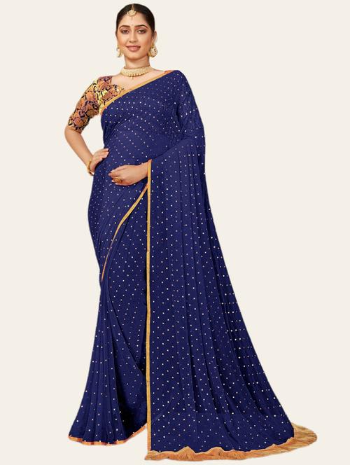 dark blue chiffon printed saree - 19879219 - Very Small Image - 1