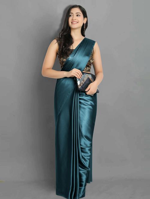 dark blue satin plain saree - 19879406 - Very Small Image - 1