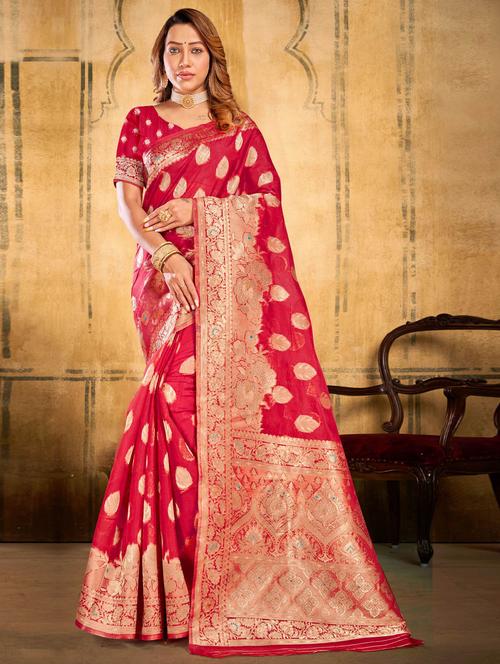 red organza saree - 19882800 - Very Small Image - 1