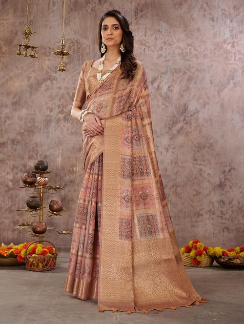 women's self design peach colored saree with blouse - 19885446 - Very Small Image - 1