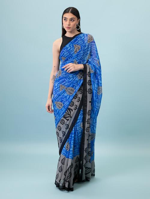 women's leaf print light blue colored saree - 19886549 - Very Small Image - 1