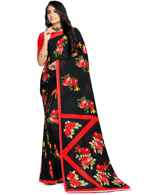 red floral printed georgette saree with blouse - 19886741 - Very Small Image - 1