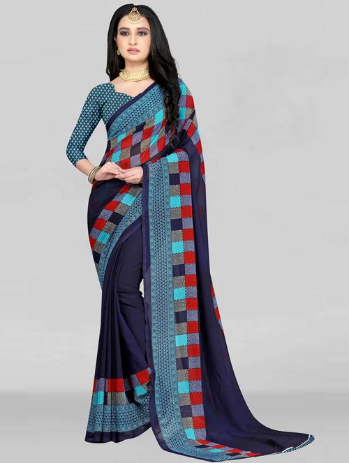 women's checks blue colored saree - 19887649 - Very Small Image - 1