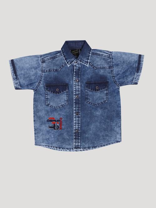 boys blue solid half sleeves denim shirt - 19890614 - Very Small Image - 1
