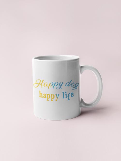 happy dog happy life yellow and blue text -printed coffee mugs for pet lovers - 19890803 - Very Small Image - 1