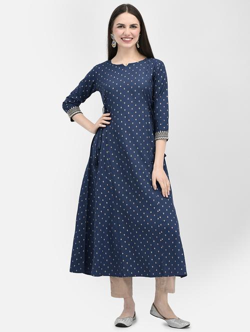 women navy blue printed notch neck a-line kurta - 19891709 - Very Small Image - 1