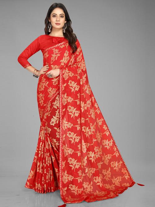 women's floral red colored saree with blouse - 19896332 - Very Small Image - 1