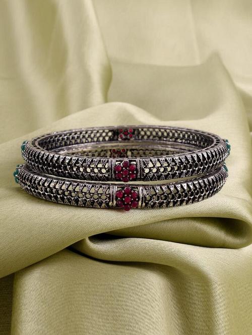 tjc colored stone studded brass silver bangle bracelet set  (pack of 2) - 19899374 - Very Small Image - 1