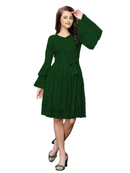 green bell sleeves fit & flare dress with waist belt  - 19899805 - Very Small Image - 1