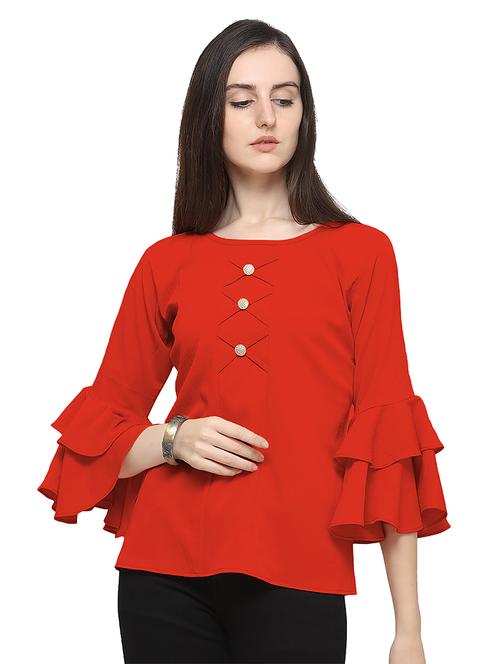 red solid round neck bell sleeves regular top - 19899941 - Very Small Image - 1