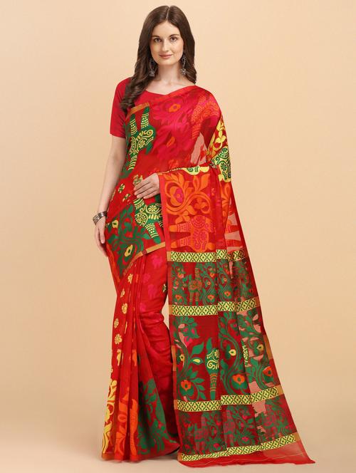 orange cotton silk jamdani saree - 19900150 - Very Small Image - 1