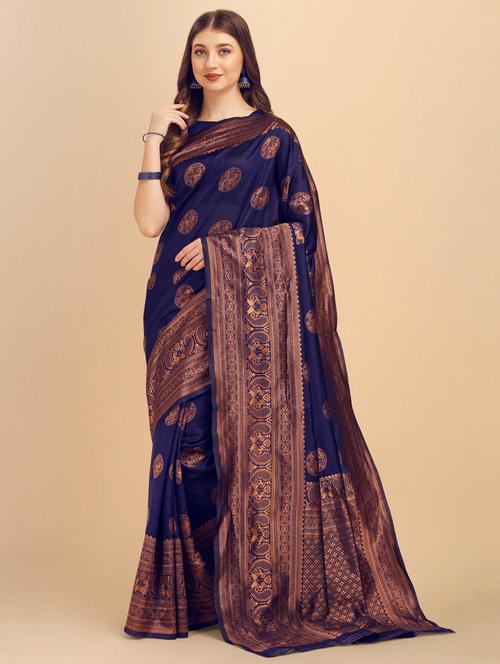 dark blue cotton silk banarasi saree with blouse - 19900171 - Very Small Image - 1