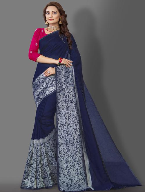 dark blue jacquard kanjivaram saree with blouse - 19900627 - Very Small Image - 1