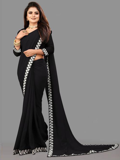 solid bordered saree with blouse - 19901386 - Very Small Image - 1