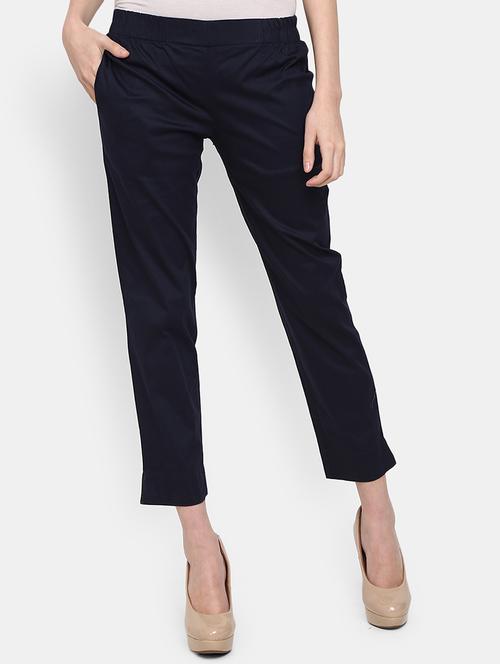 women solid navy blue flat front trouser - 19902950 - Very Small Image - 1