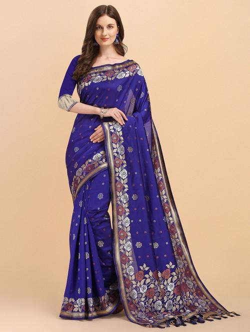 blue silk kanjivaram saree with blouse - 19903139 - Very Small Image - 1
