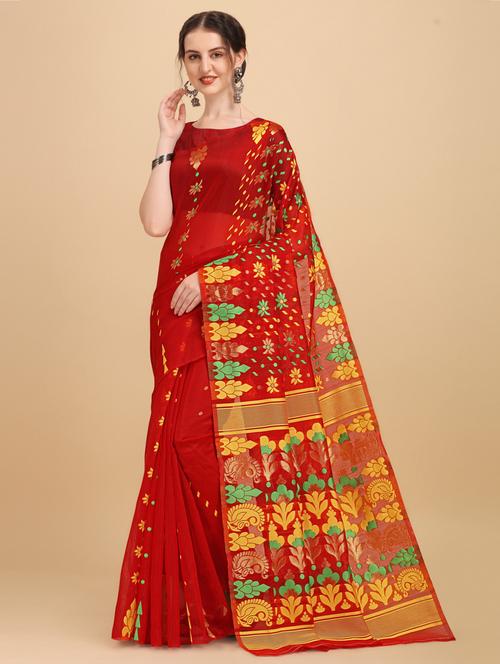red printed jamdani saree - 19903242 - Very Small Image - 1