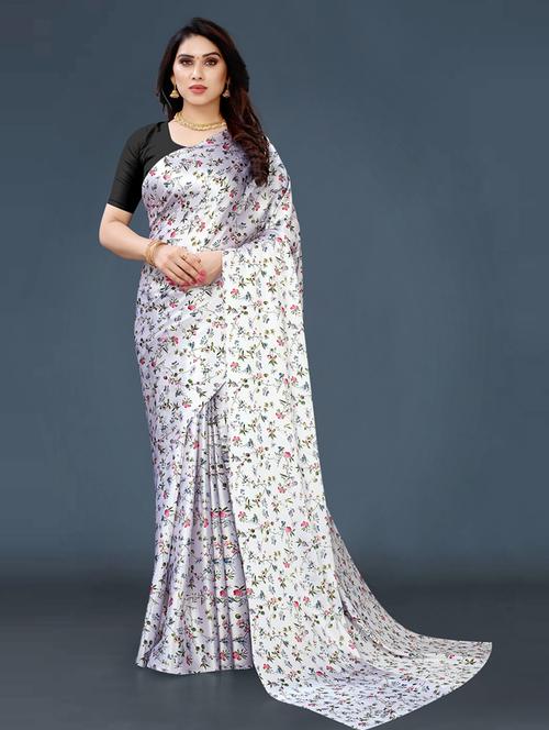 white printed satin saree with blouse - 19903257 - Very Small Image - 1