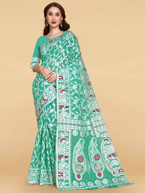 green cotton silk jamdani saree - 19903306 - Very Small Image - 1