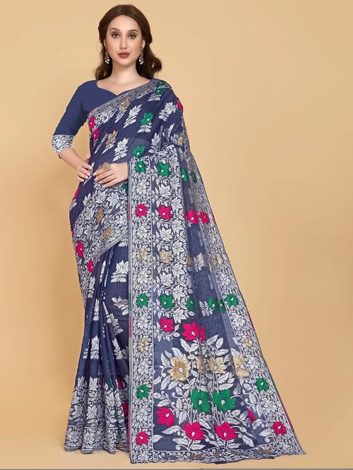 blue printed jamdani saree - 19903314 - Very Small Image - 1