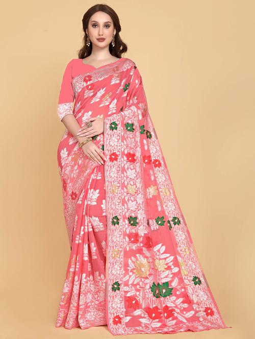 pink printed jamdani saree - 19903318 - Very Small Image - 1