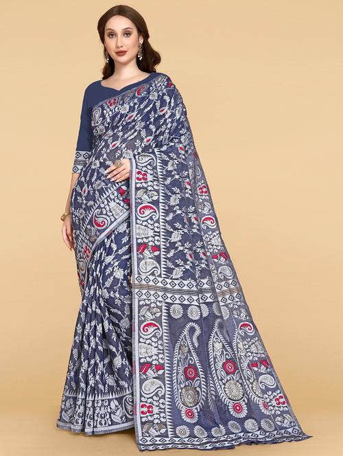 dark blue printed jamdani saree - 19903320 - Very Small Image - 1