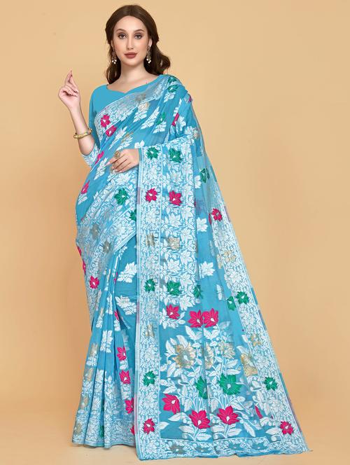 light blue printed jamdani saree - 19903322 - Very Small Image - 1