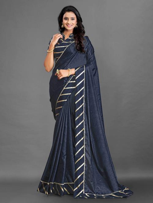 dark blue plain satin saree with blouse - 19903357 - Very Small Image - 1