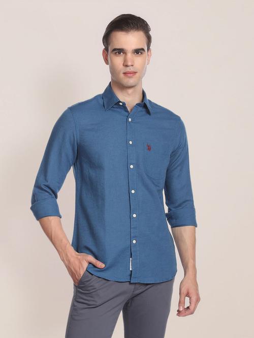 blue linen blend casual shirt - 19913572 - Very Small Image - 1