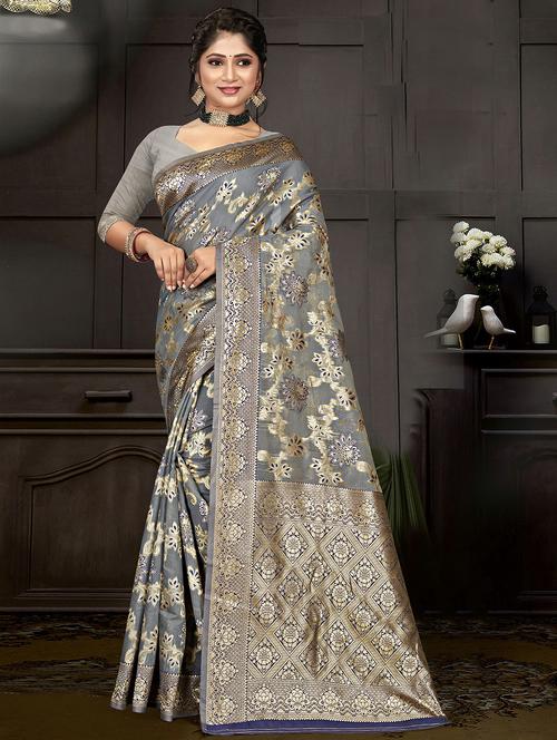 women's self design grey colored saree with blouse - 19914382 - Very Small Image - 1