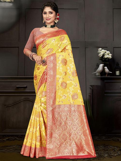 women's floral yellow colored saree with blouse - 19914384 - Very Small Image - 1
