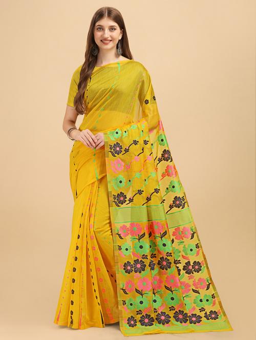 yellow cotton silk banarasi saree with blouse - 19914845 - Very Small Image - 1